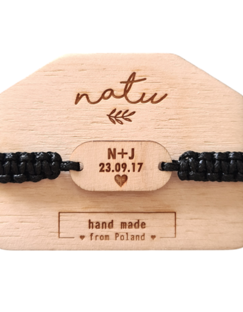 Drewniana Sznurkowa Bransoletka z grawerem Walentynki