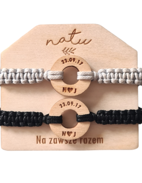 Sznurkowe Bransoletki dla par Kółka z inicjałami i datą Grawer