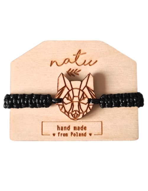 Sznurkowa bransoletka Wilk drewniana zawieszka