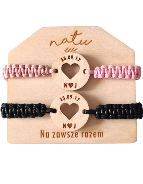 Drewniane Sznurkowe Bransoletki dla par Serca z inicjałami i datą