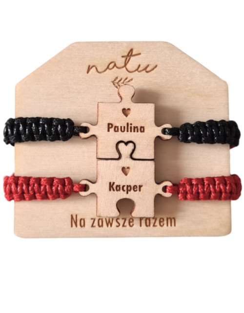 Sznurkowe Bransoletki z grawerem Puzzle połączone sercem Walentynki