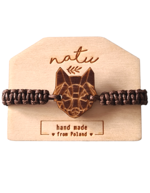 Drewniana męska sznurkowa Bransoletka Wilk ciemne drewno