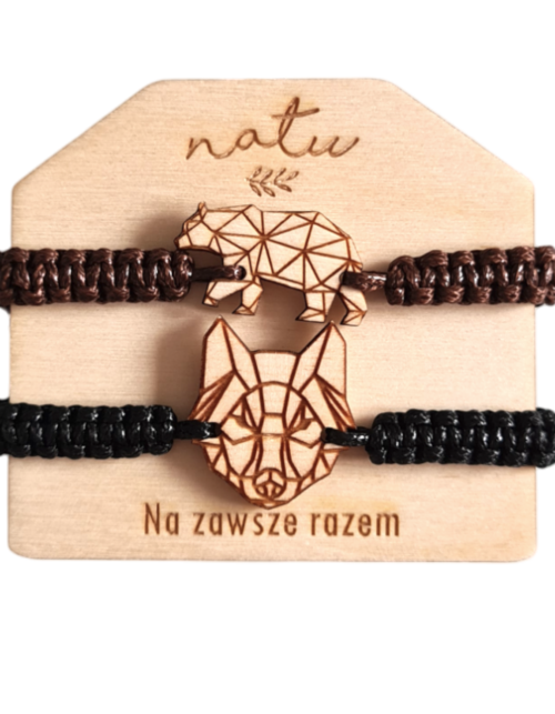 Sznurkowe drewniane Bransoletki dla par WILK i NIEDŹWIEDŹ