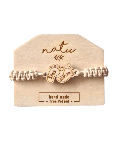 Bransoletka STÓPKI z grawerem Drewniana Sznurkowa