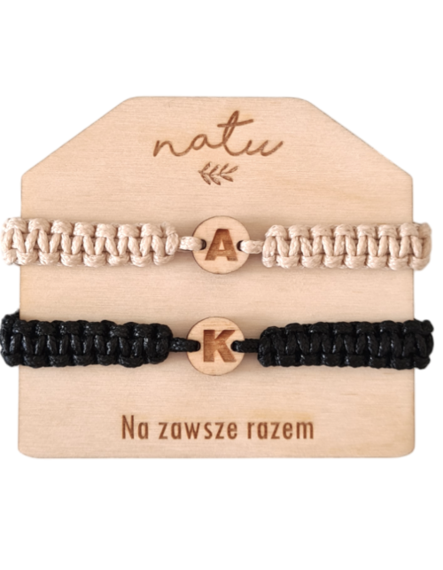 Bransoletki dla par LITERKI Drewniane Sznurkowe Prezent na Dzień Kobiet