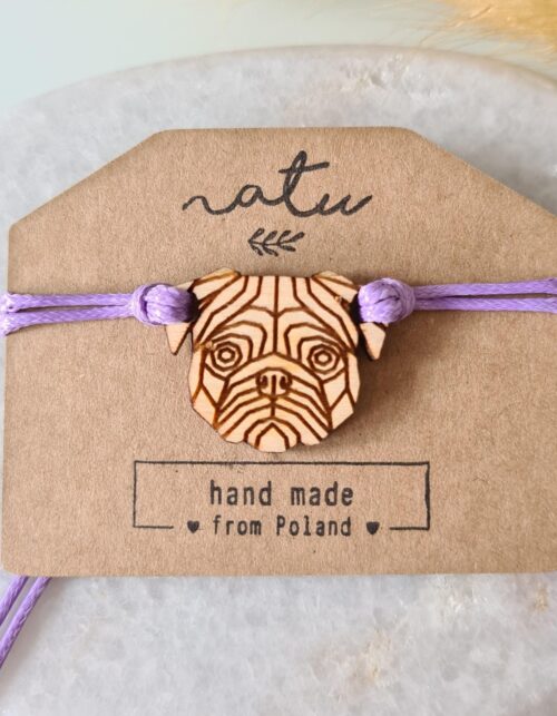 Bransoletka sznurkowa z psem Mops drewniana zawieszka