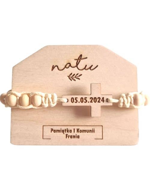 Bransoletka Różaniec Krzyż z grawerem, Prezent na I Komunię Świętą